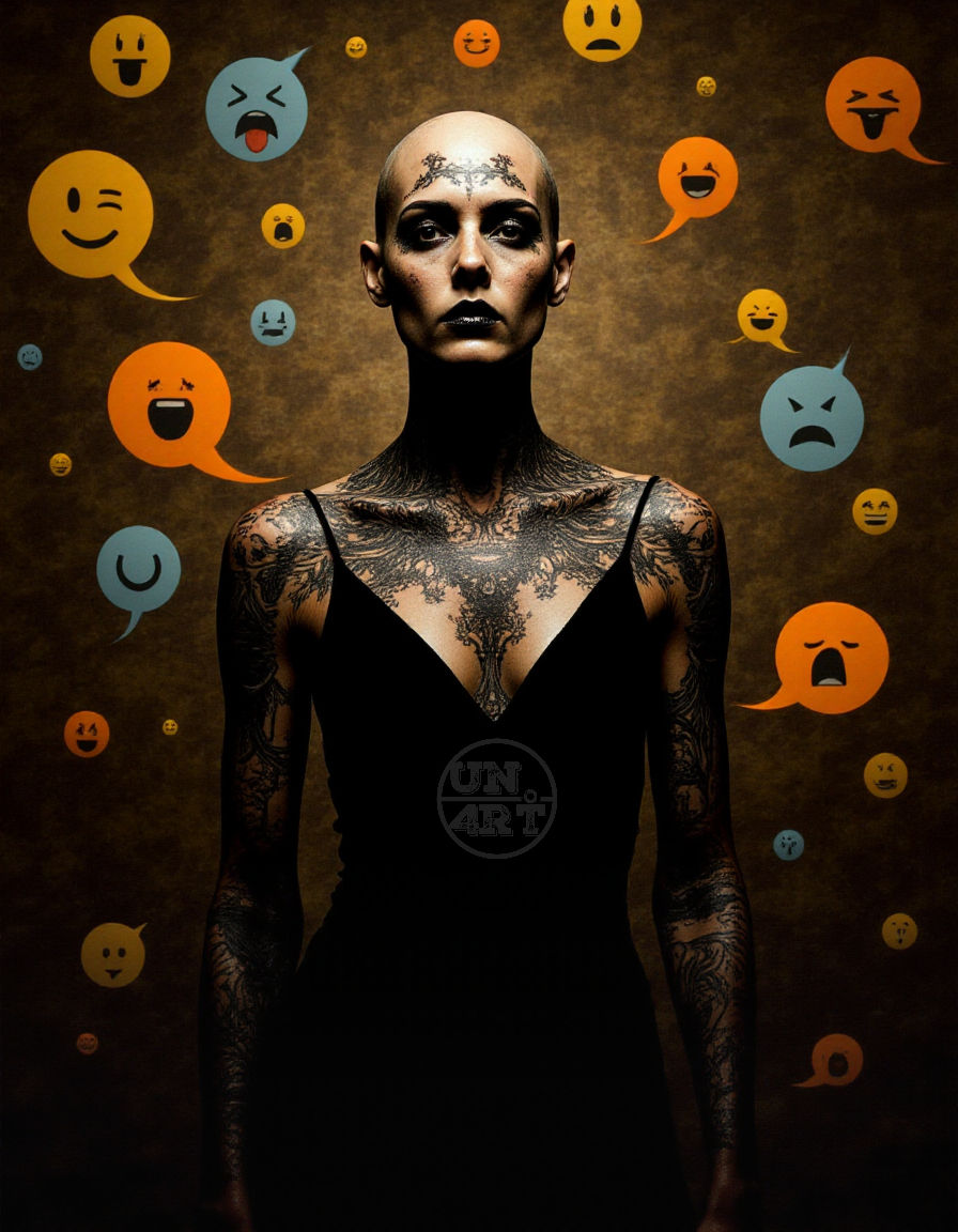a bald, tattooed woman dressed in black surrounded by various emojis depicting different reactions to her image