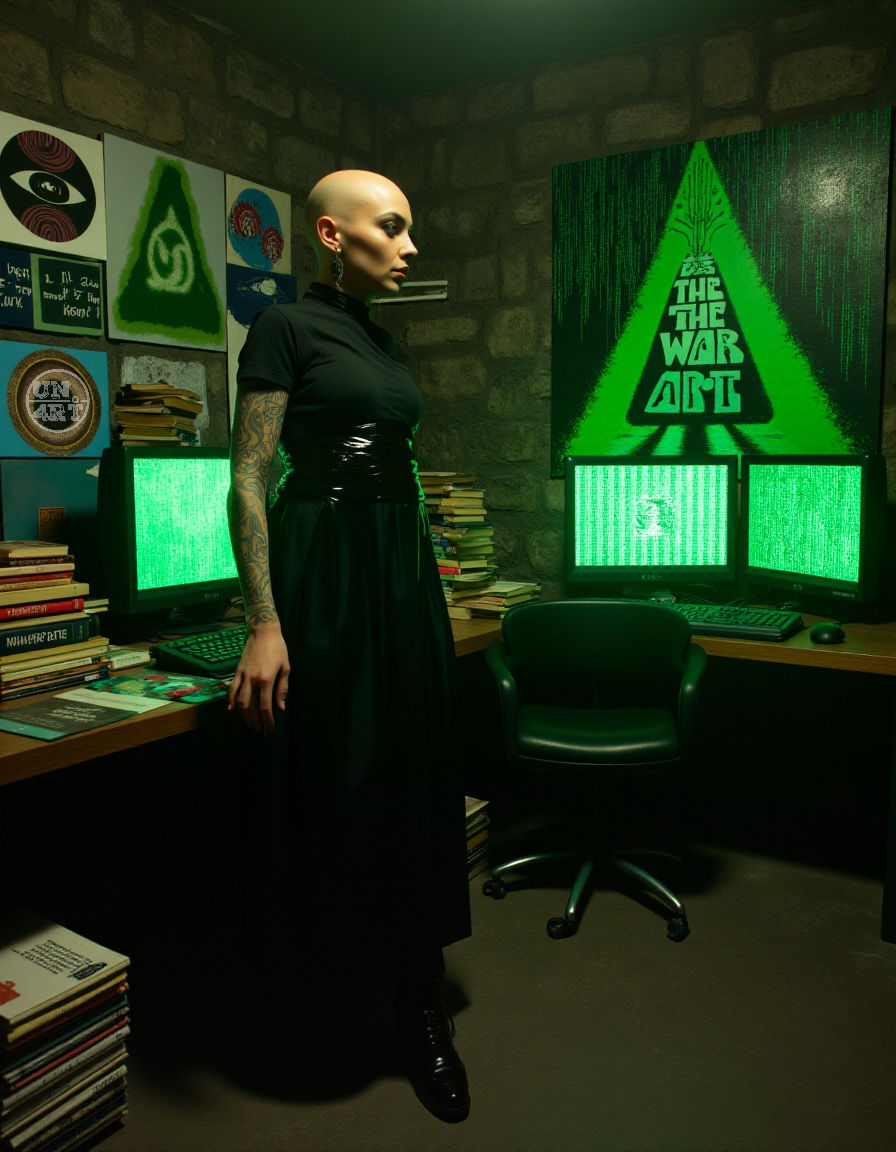 uma mulher careca parada em meio a um quarto com livros e telas de computador