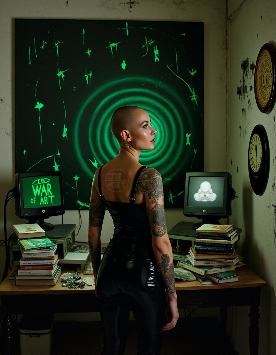 uma mulher careca parada em meio a um quarto com livros e telas de computador