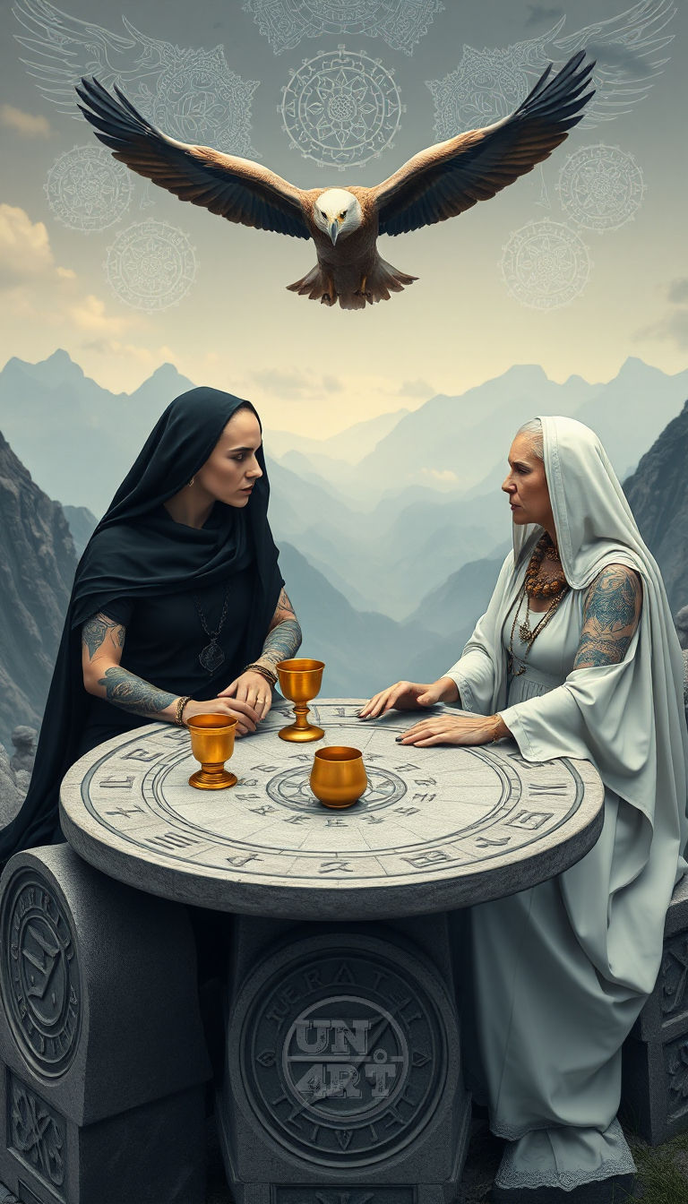 un4rtificial - uma mulher careca vestida de negro está sentada junto a uma mesa de pedra redonda conversando com uma mulher sábia vestida de branco, uma águia voa sob a cabeça das duas