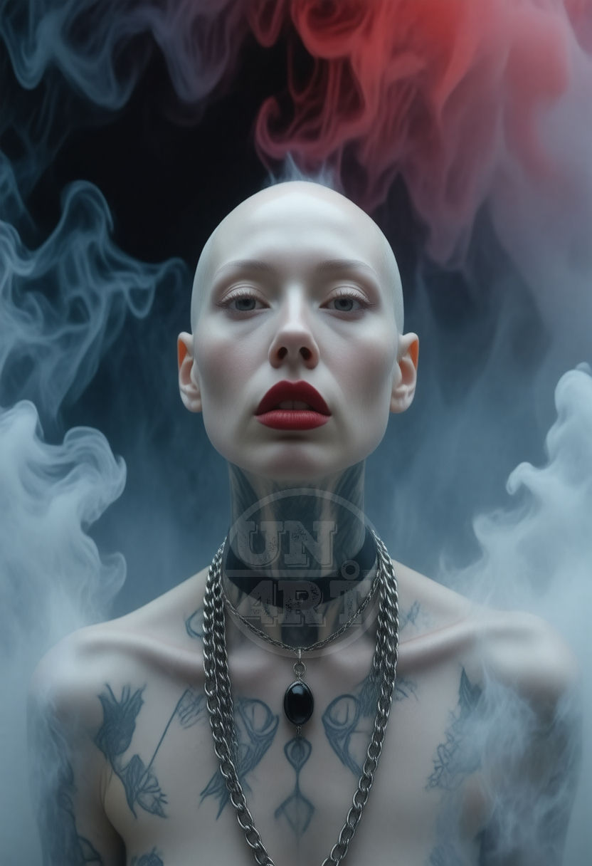 UN4RTificial - woman dressed in black amid chains and red and white smoke