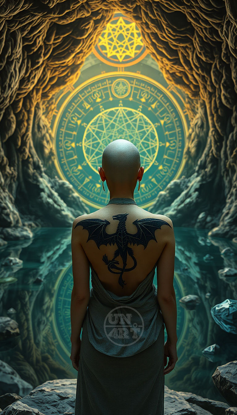 un4rtificial - uma mulher careca e tatuada observe um lago de aguas transparentes dentro de uma caverna