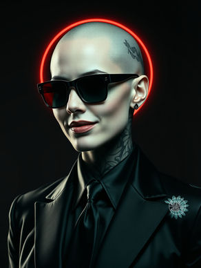 uma mulher careca vestindo terno e gravata e óculos escuros