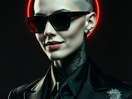 uma mulher careca vestindo terno e gravata e óculos escuros