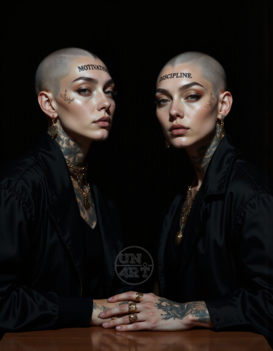 duas mulheres carecas vestidas de negro e com tatuagens sentadas em uma mesa olham para a câmera
