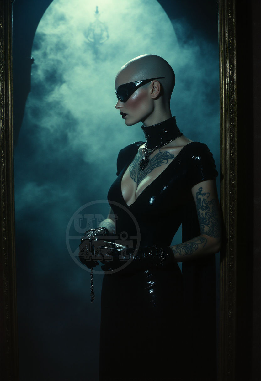 UN4RTificial - mulher careca vestida de negro olhando seu reflexo em um grande espelho gótico