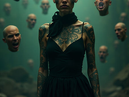 uma mulher careca, tatuada, vestida de negro rodeada por cabeças masculinas que possuem diferentes feições