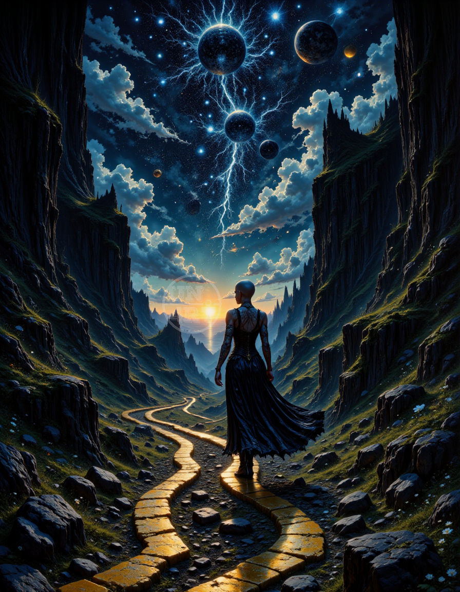 A bald woman walks along a road in the mountains, with the moon and stars in the sky and the sun rising on the horizon.