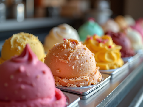Variety of colorful ice cream scoops lined up in metal trays