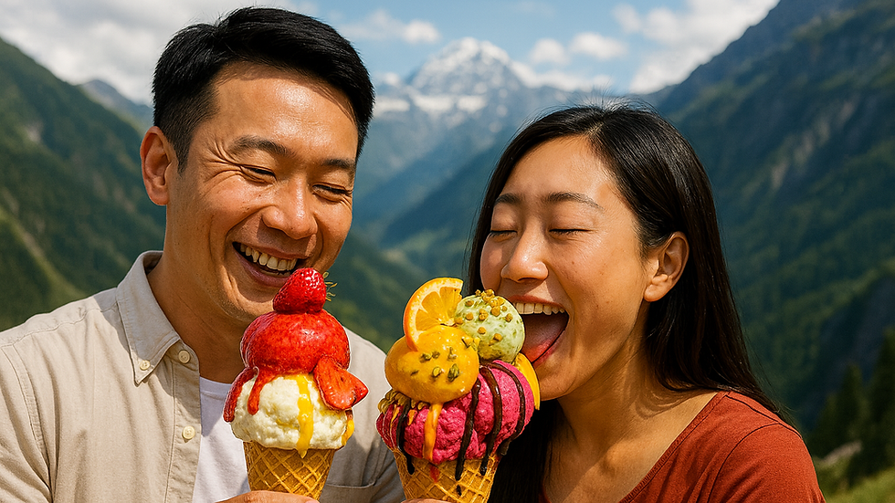 Happy couple enjoys delicious gelato, mountain backdrop