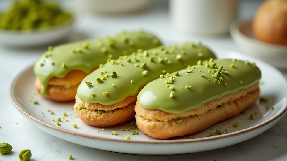 Close-up view of beautifully decorated pistachio éclairs