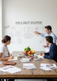 Team discussing menu and concept development, pointing at whiteboard with diagrams.