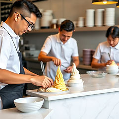 Chefs preparing gelato, various flavors on plates with kitchen background.