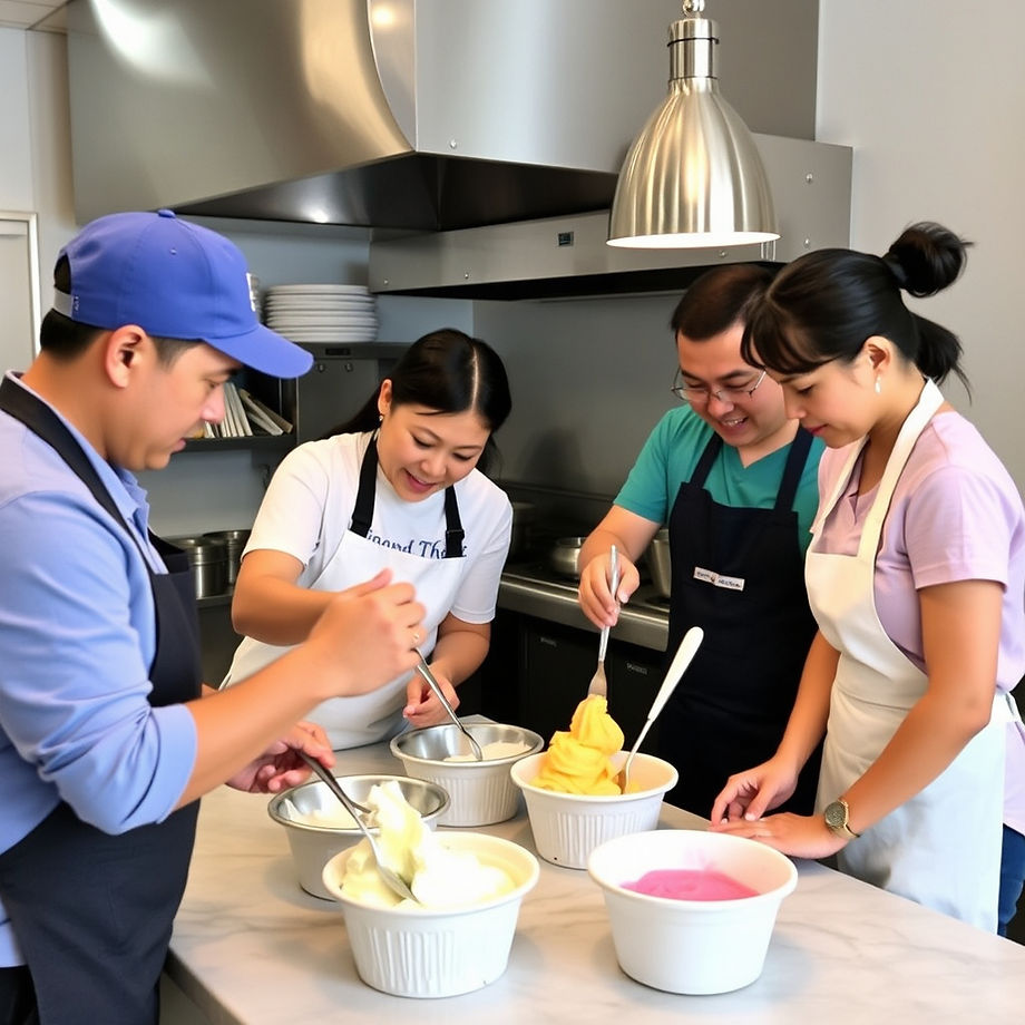 Four people mixing gelato in bowls with spoons, working together in kitchen.