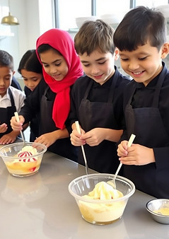 Children happily mixing ingredients in a cooking class, wearing aprons, gelato training consulting