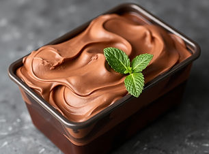 Chocolate gelato in a brown container with a mint leaf, delicious dessert.