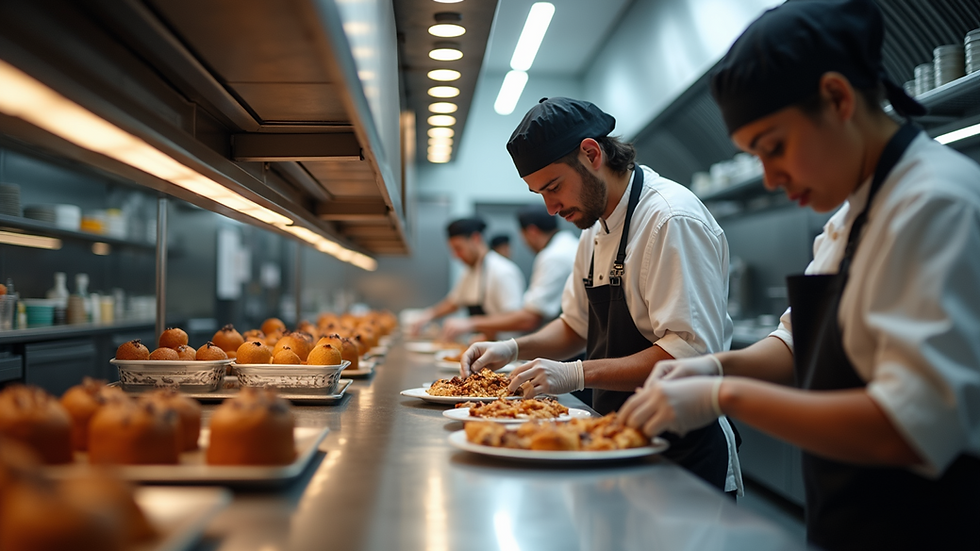 High angle view of a modern kitchen with chefs preparing desserts