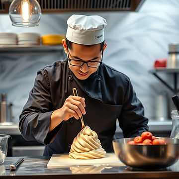 Chef meticulously decorates gelato with precision in a modern kitchen setting.