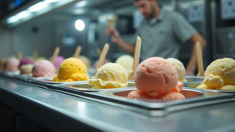 Eye-level view of Italian gelato production facility with stainless steel equipment