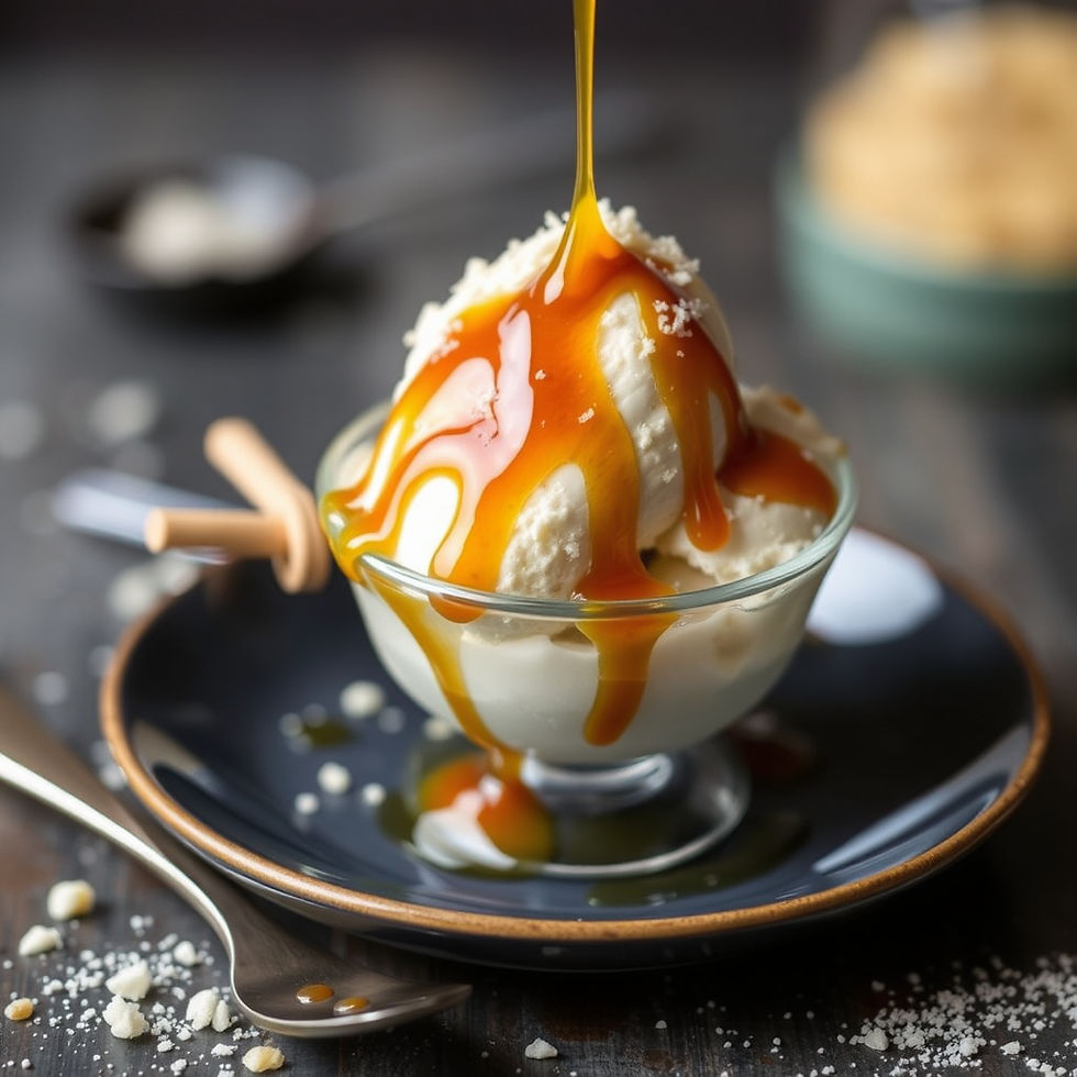 Ice cream drizzled with caramel syrup