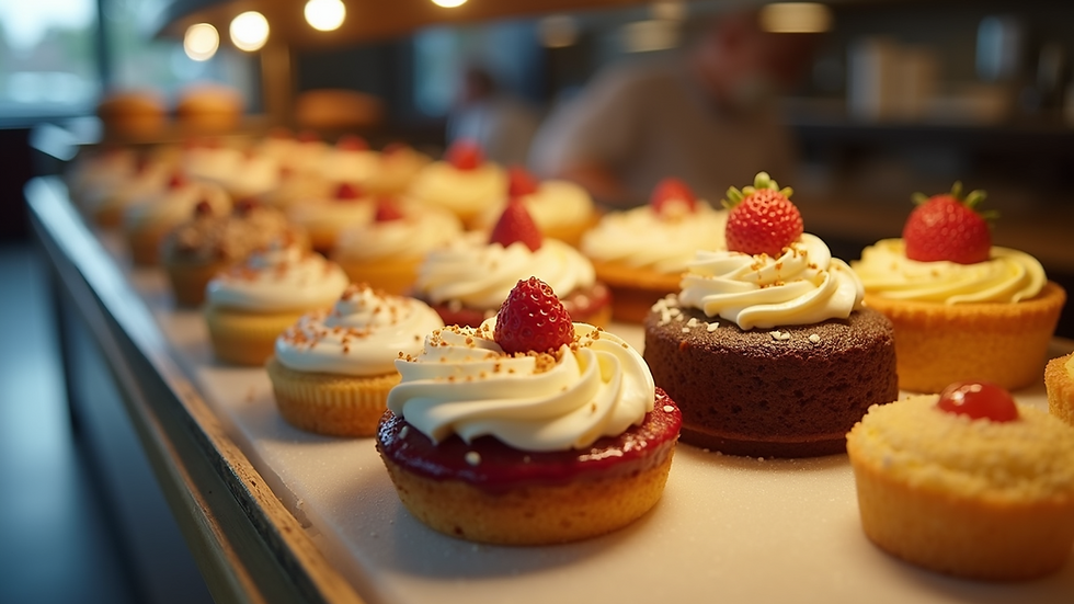 Eye-level view of a pastry display with assorted cakes and tarts