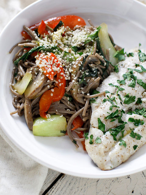 Sweet Basil & Portobello Thai Noodle Bowl with White Fish
