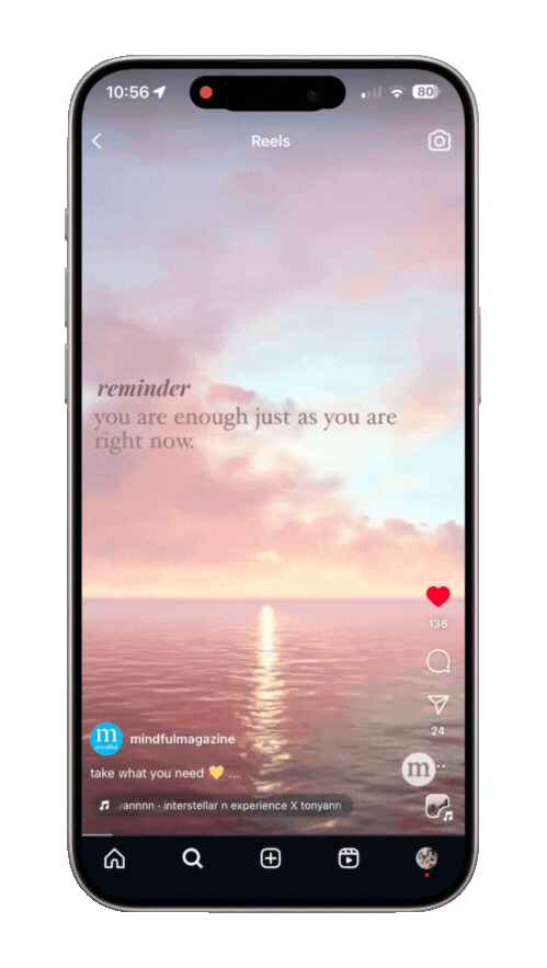 Mindful.org instagram reminders reel with beautiful sunset over ocean