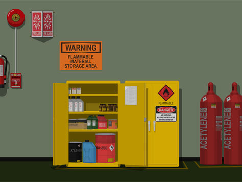 Flammable liquids storage cabinet on a farm with labeled bottles and a warning sign.