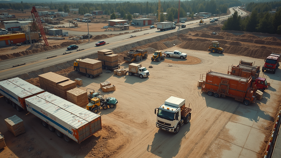 High angle view of construction materials and equipment organized on site
