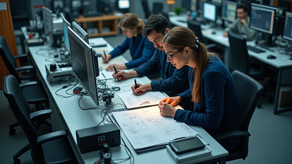 High angle view of a team collaborating over a technical project