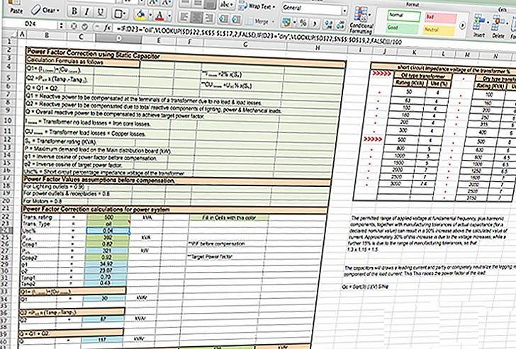 Power factor correction calculations for power system – MS Excel Spreadsheet