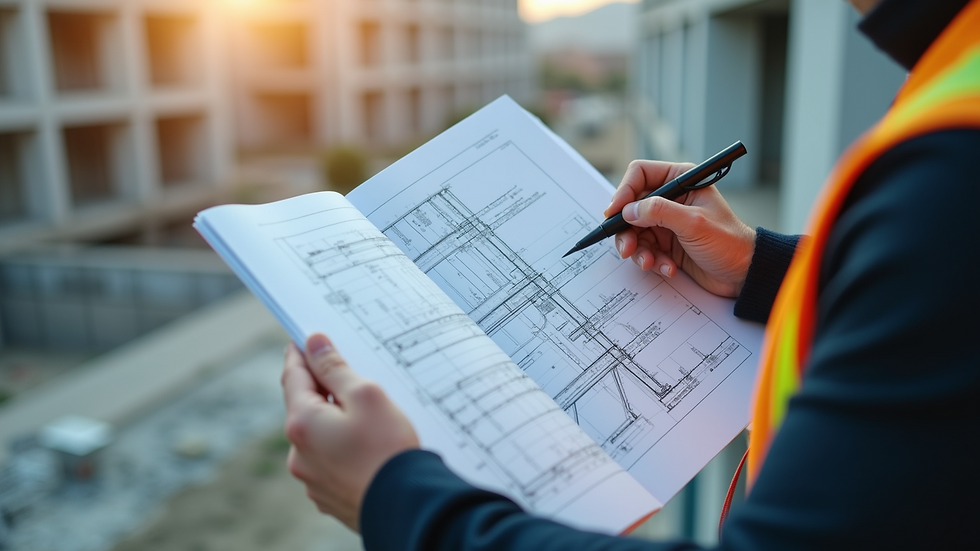 Close-up view of a site project manager reviewing blueprints on site