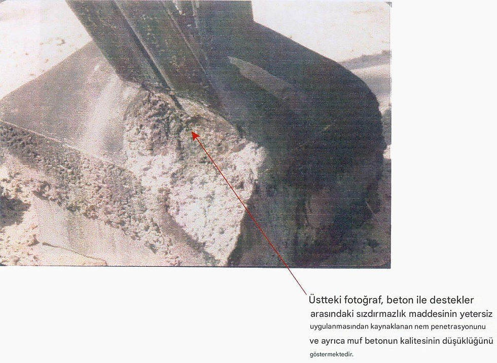 Beton ve destekler arasına sızdırmazlık maddesinin yetersiz uygulanması ve manşon betonunun kalitesinin düşük olması nedeniyle oluşan nem penetrasyonu.