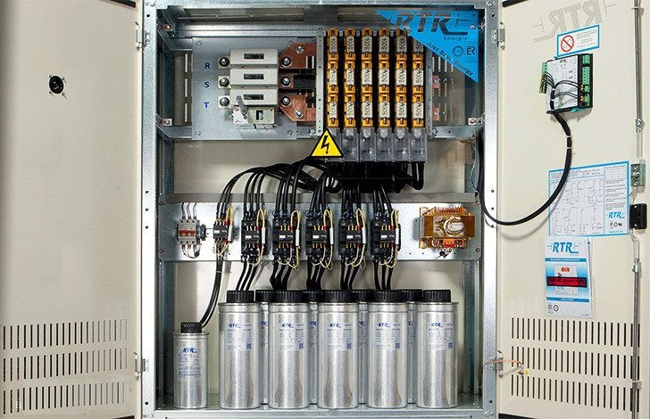 Calculate reactive power of the capacitor bank and improve power factor (on photo: Automatic Capacitor Banks with on-load break switch; credit: RTR Energia)