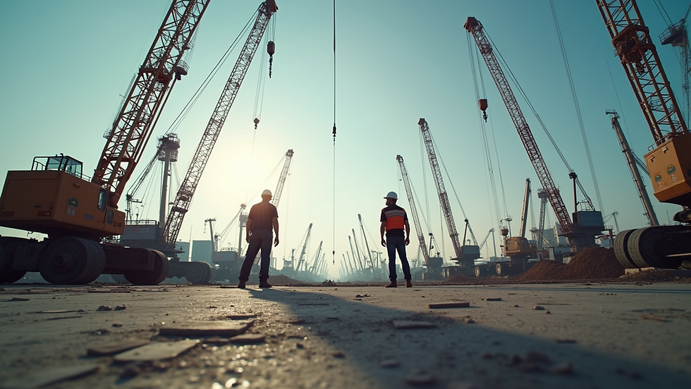 Eye-level view of a construction site with cranes and workers
