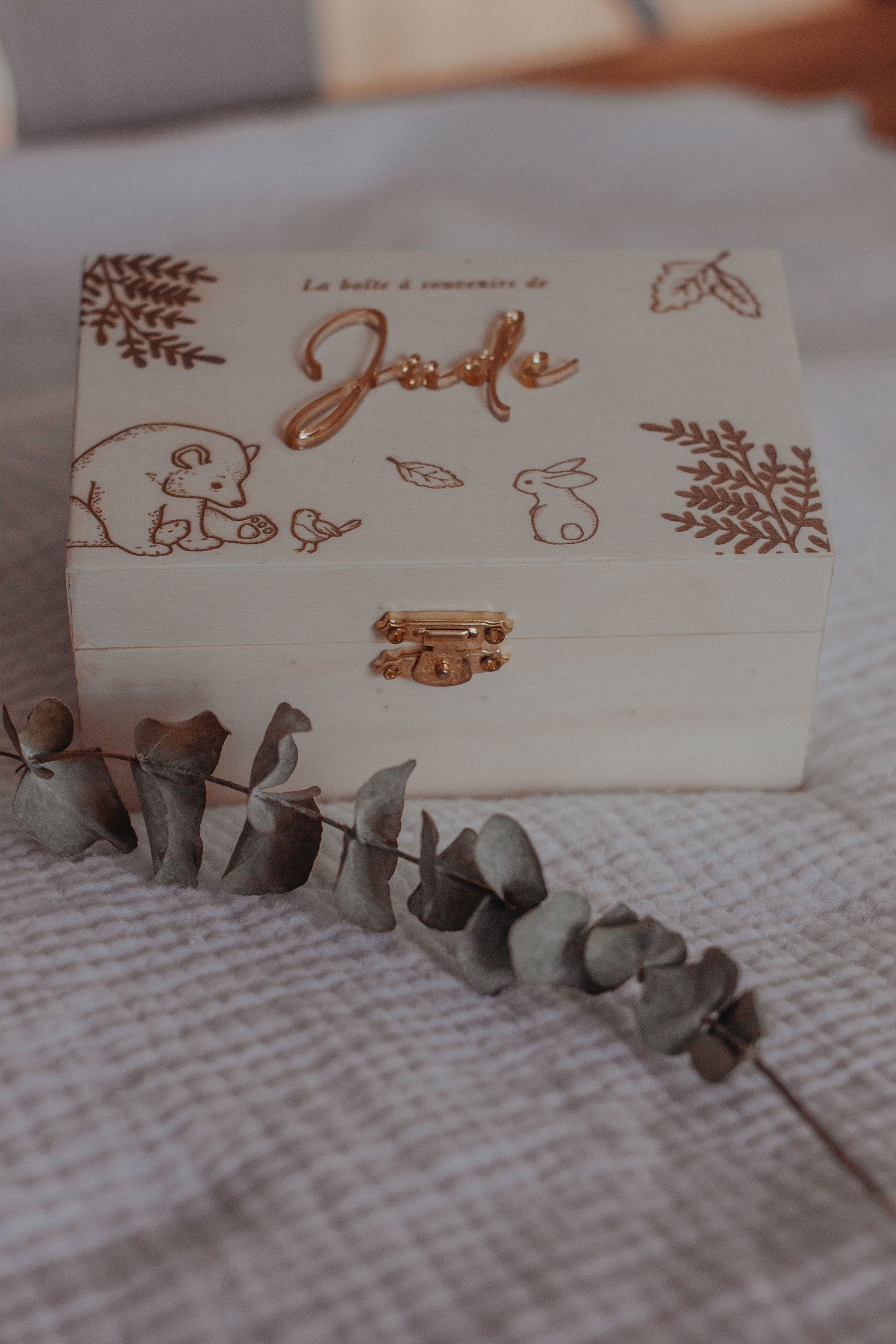 Boite à souvenirs en bois personnalisée avec prénom en plexiglas "Douce Forêt"
