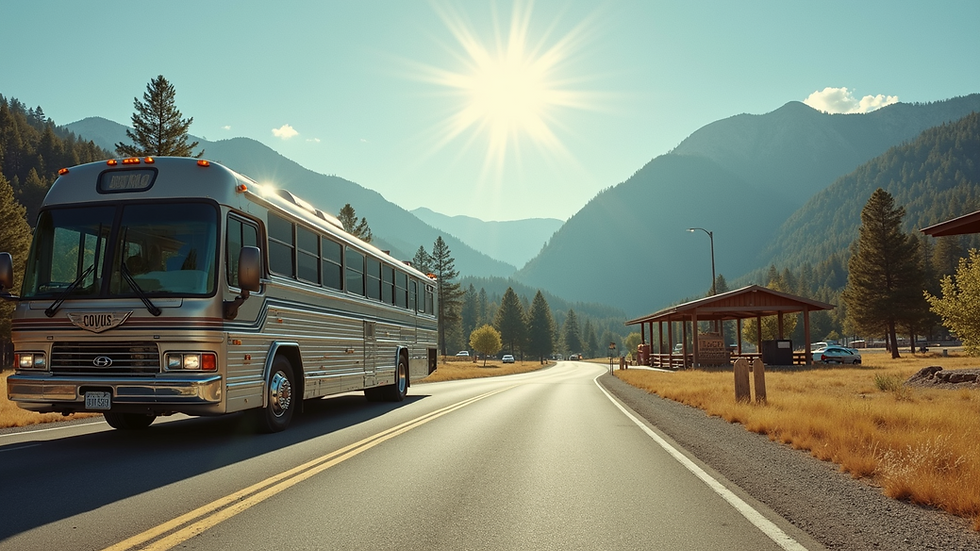 Eye-level view of a motor coach parked at a scenic rest stop