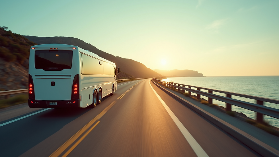 Wide angle view of a motor coach driving along a coastal highway