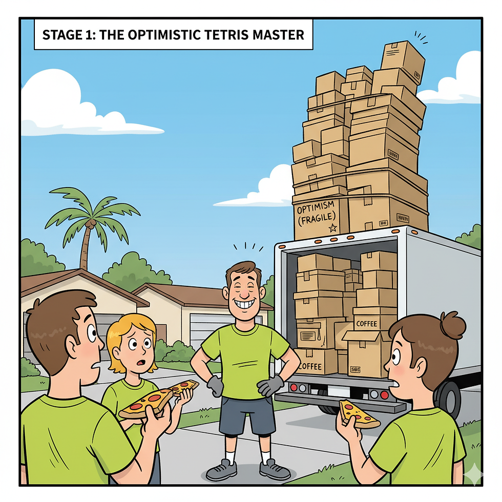 Humorous illustration showing a DIY mover failing to stack moving boxes, visually contrasting the ease of hiring Best American Movers for your Miami-Dade relocation.