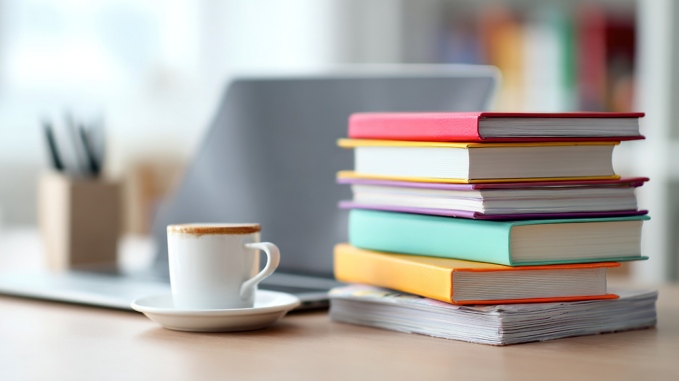 Eye-level view of a cozy reading nook with a stack of diverse books on a wooden table