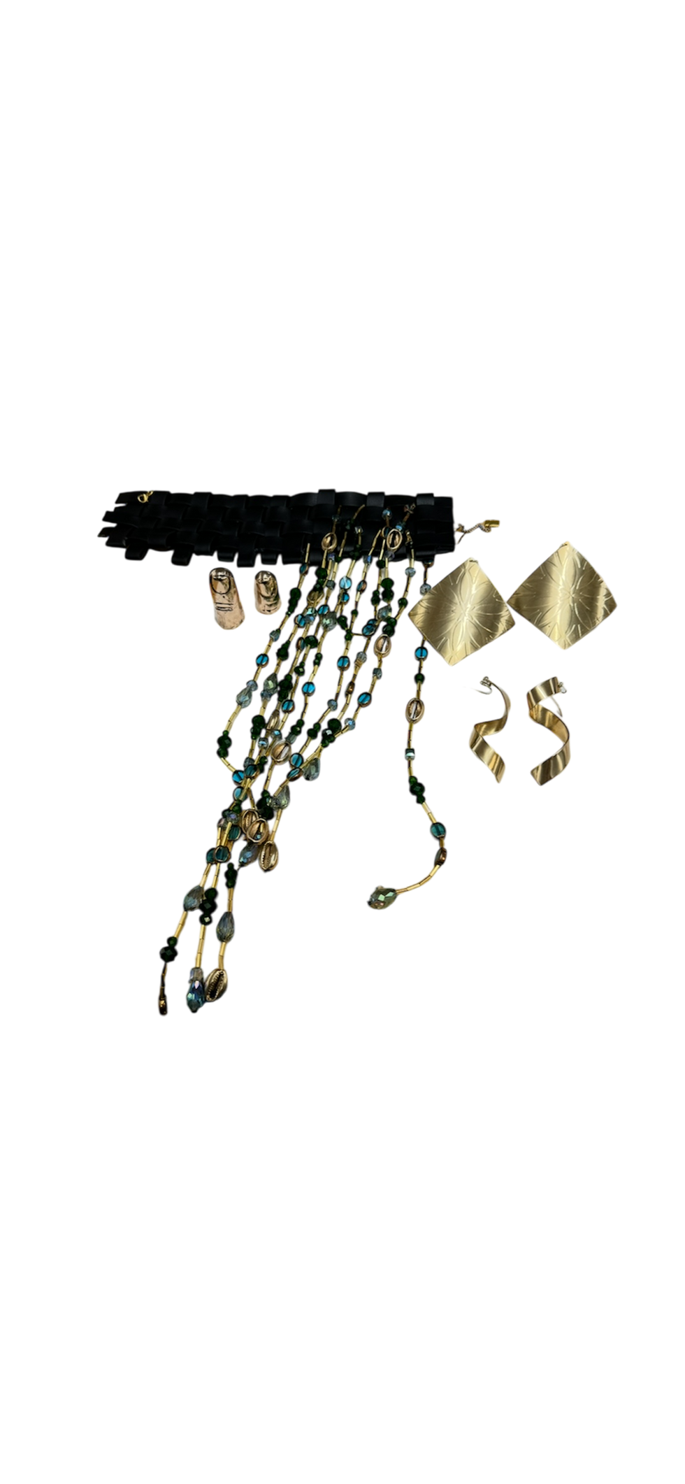 Woven Leather, Glass beads
Gold Plated earrings