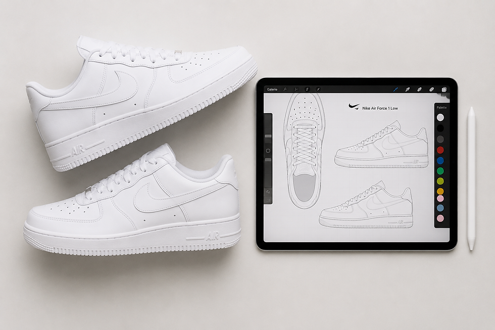 Paire baskets blanches Nike Air Force 1 Low à côté d'une tablette affichant leur dessin technique et un stylet. Conception custom de baskets