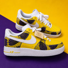 Nike AF1 personnalisées jaune et violet motif tissu wax FitgFitz Custom