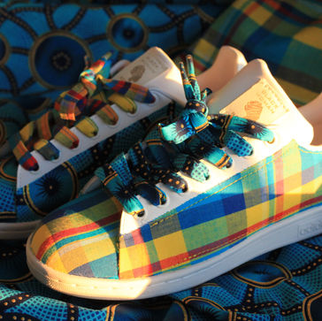 customized sneakers with wax and madras fabrics
