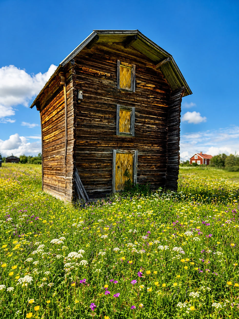 Traditionell timmerbyggnad i Lovikka omgiven av blommande sommaräng.