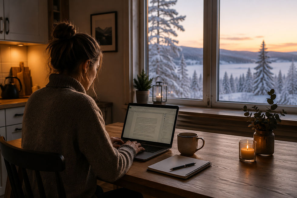 Eine Person arbeitet an ihrem Laptop am Küchentisch mit Blick auf die schneebedeckte Landschaft von ihrer Langzeitunterkunft in Pajala aus.
