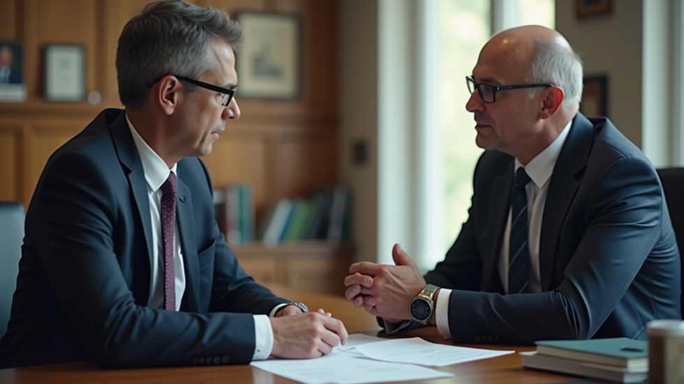 High angle view of a lawyer advising a client in an office