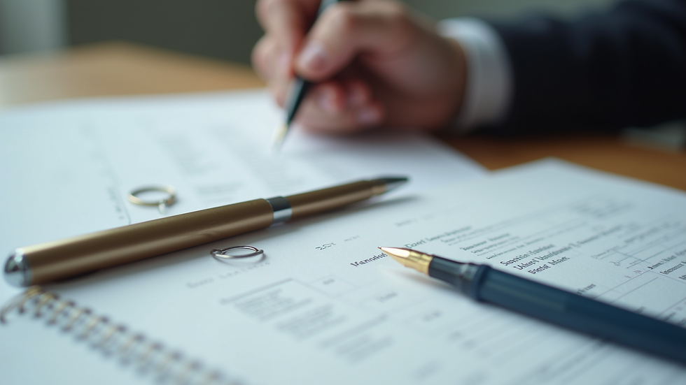 Close-up of legal documents and a pen on a desk