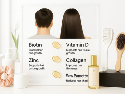 Compléments capillaires après greffe de cheveux : vitamines et minéraux (biotine, vitamine D, zinc) pour la phase de repousse