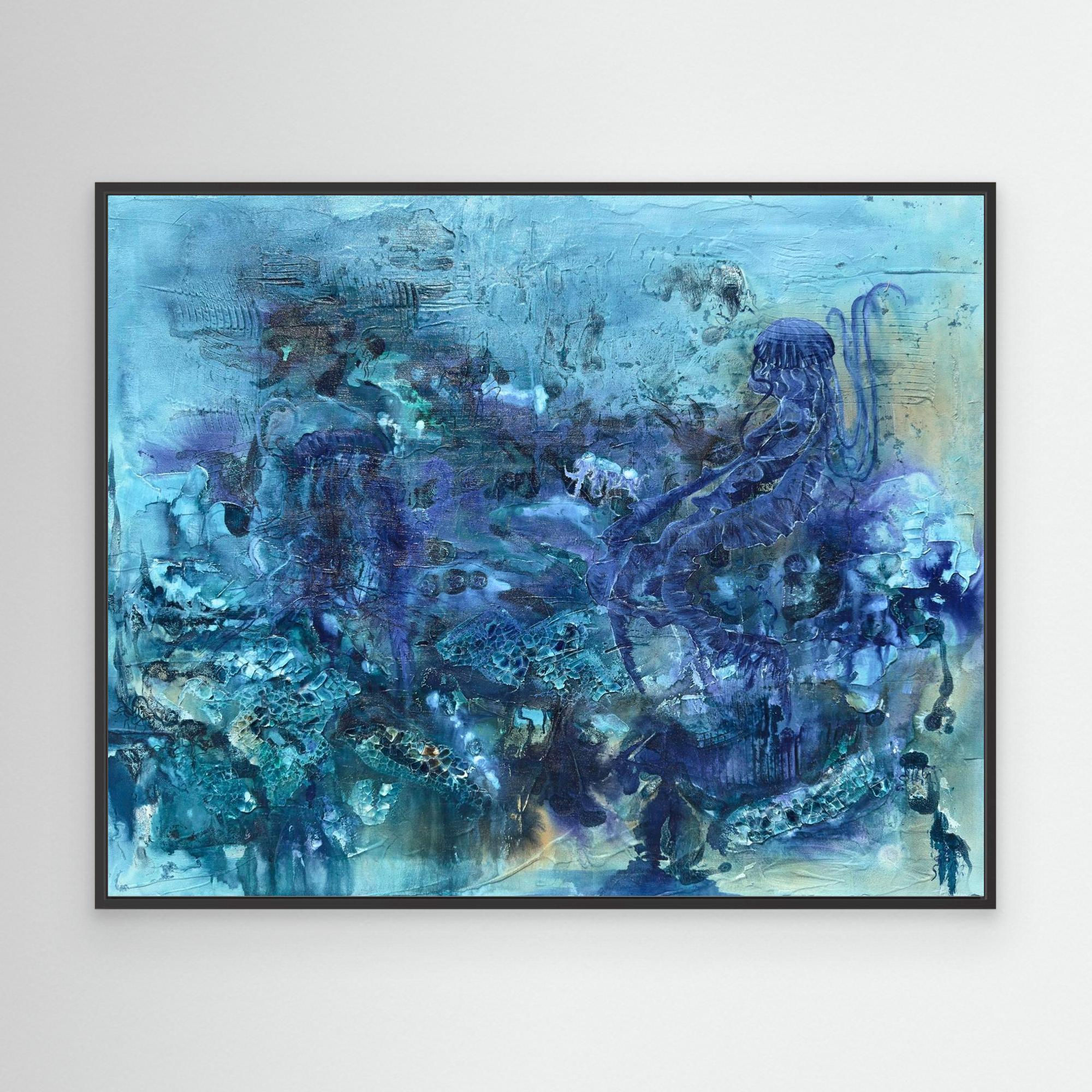 nto the Deep — abstract ocean-inspired acrylic and mixed media painting in layered shades of blue by artist Tara Dickson.